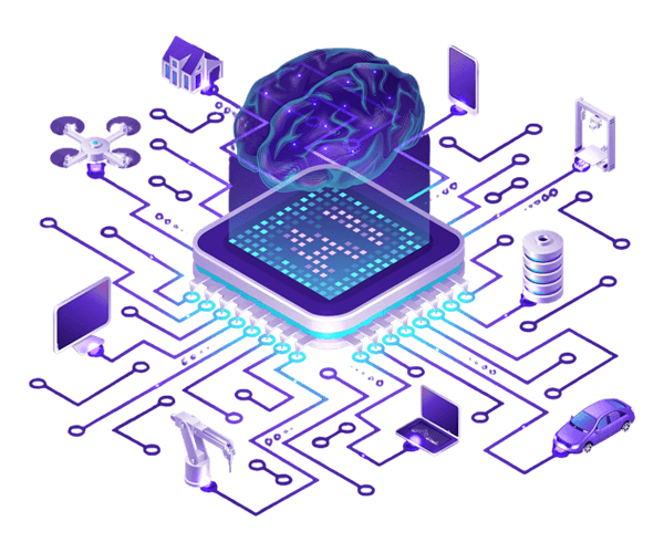 Isometric illustration of an AI chip connected to machines, devices and cloud